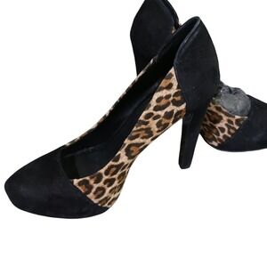 BCBGeneration Leopard Print Heels Women 7B Black Suede Cap Toe 5" Stilettos READ